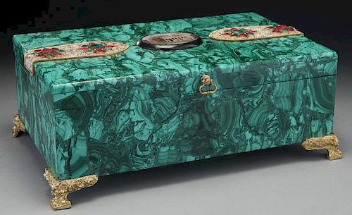 Russian malachite box with emeralds and rubies,