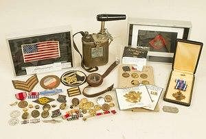 US WWI Items, incl. cased DFC, Pilot's Wrist Compas, Explosives Plunger, and several named items.