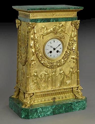 French Empire style bronze-dore & malachite clock,
