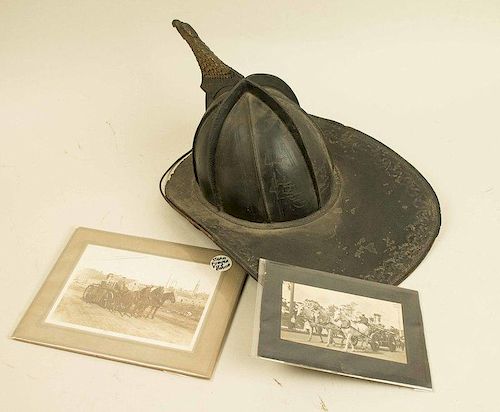 American Leather Fire Helmet w/ eagle head crest and 2 Cabinet Card Photos of Horse drawn Fire Engines
