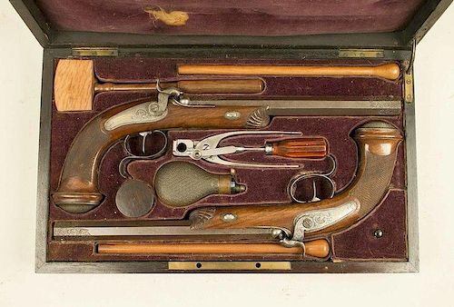 Superb set of Devisme of Paris percussion rifled pistols, cased with all accoutrements.