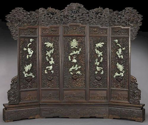 Chinese carved wood and stone mounted five panel