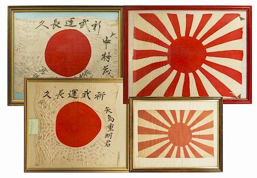 4 Framed Japanese WWII Flags, 2 signed