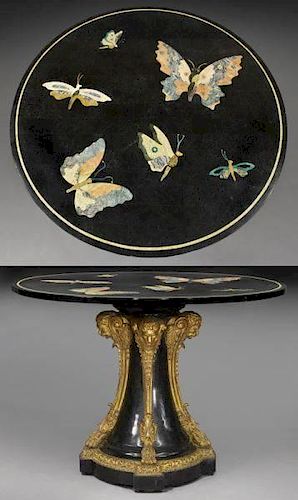 Neoclassical parcel gilt specimen marble table,