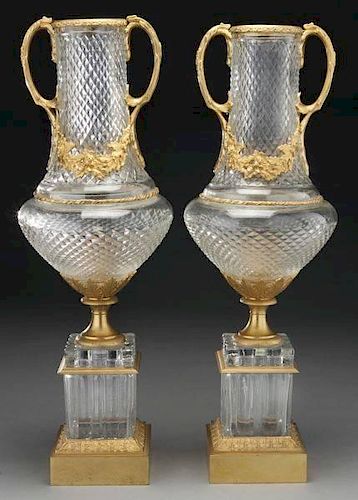 Pr. Neoclassical style cut crystal and bronze urns