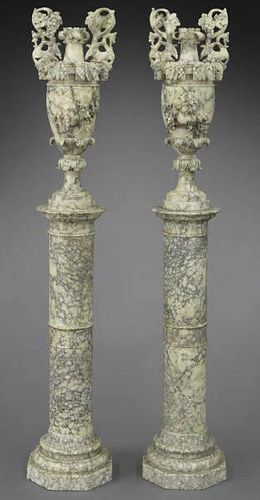 Pr. Italian alabaster urns on pedestals
