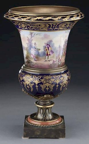 Sevres style porcelain and bronze urn with blue