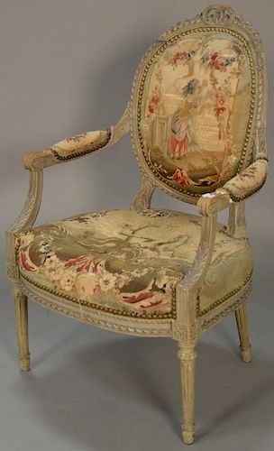 Louis XVI style fauteuil with Aubusson upholstered seat and back, late 19th century, (worn, frame repaired).