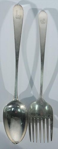 Large silver spoon and fork, non matching, 18th to early 19th century. lg. 11 3/4in. & lg. 12 1/2in.