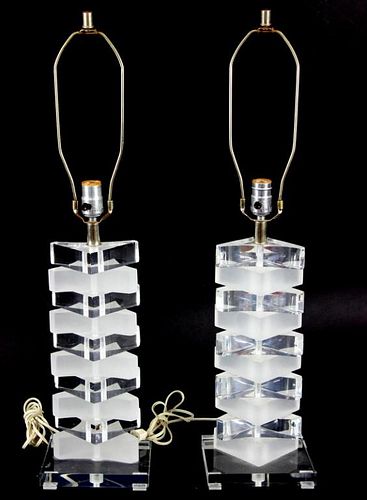 PAIR MODERN LUCITE STACKED LAMPS
