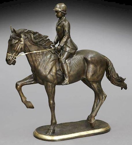 Patinated bronze figure of a jockey on a horse.