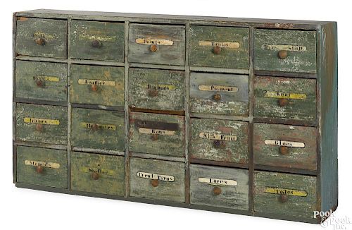 Painted pine apothecary cabinet, 19th c.