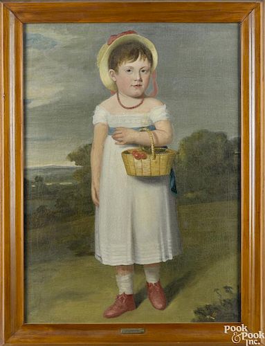 American oil on canvas folk portrait of a girl