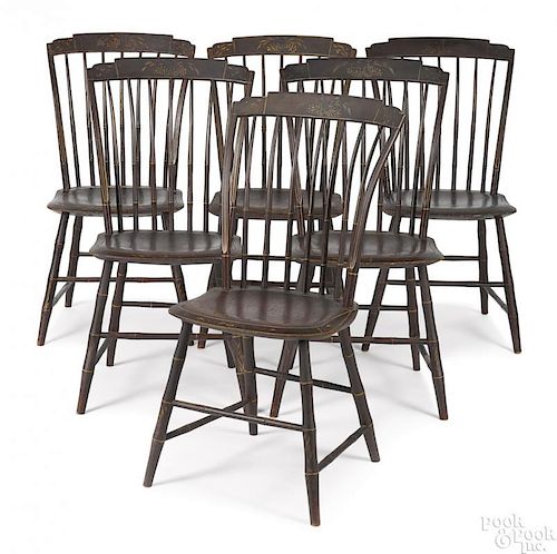 Set of six painted rodback chairs, 19th c.