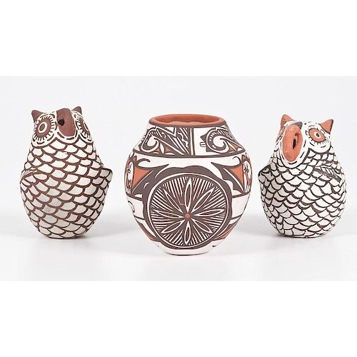 Jennie Laate (Zuni, 1933-1994) Jar PLUS Zuni Owl Pottery Figures