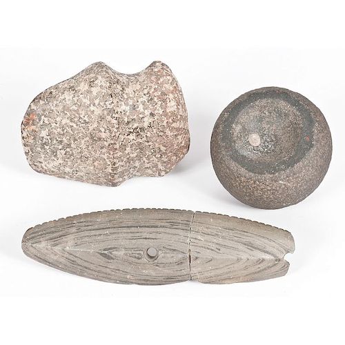 Stone Discoidal, Porphyry 3/4 Grooved Axe, and Elliptical Gorget