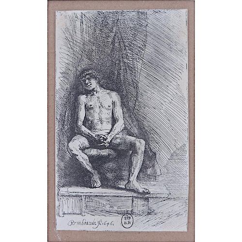 After: Rembrandt Van Rijn, Dutch (1606 - 1669) Posthumous impression etching "Nude Man Seated Before A Curtain"