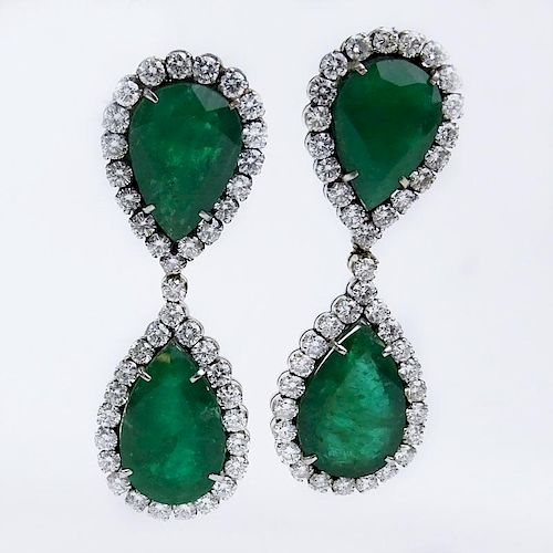 70.0 Carat Pear Shape Colombian Emerald, 11.0 Carat Round Brilliant Cut Diamond  and Platinum Pendant Earrings.
