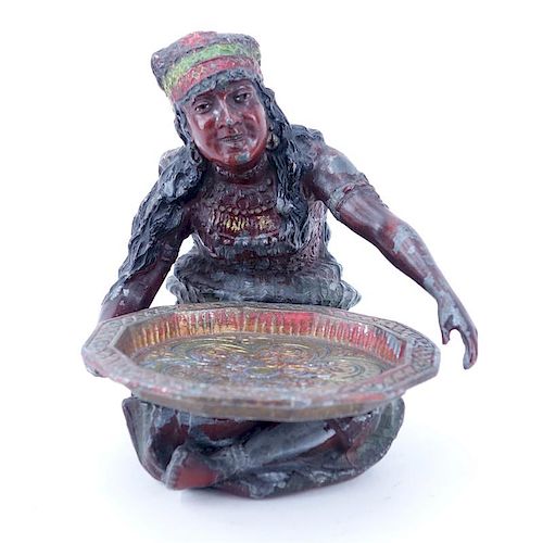 Antique Cold Painted Metal Seated Orientalist Woman Holding Tray