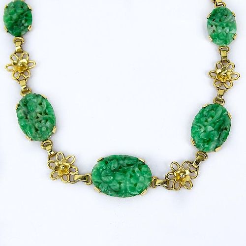 Vintage Carved Jade and 14 Karat Yellow Gold Necklace