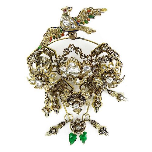 Museum Quality Large 19th Century Turkey Late Ottoman Rose Cut and Old Mine Cut Diamond, Enamel, Yellow Gold and Silver Artic