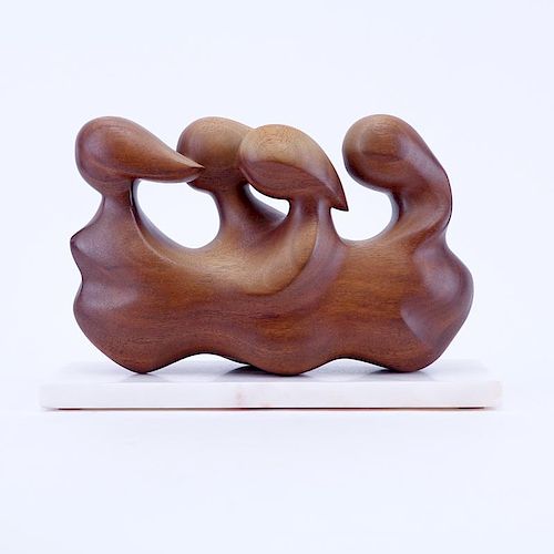 Modern Abstract Wooden Sculpture on White Marble Base