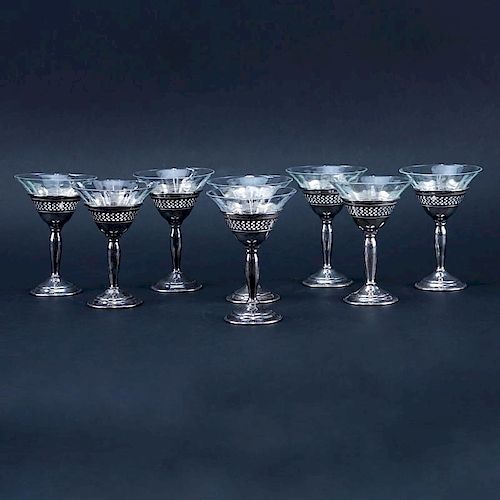 Set of Eight (8) Vintage Etched Glass Cordials In Reticulated Sterling Silver Holders