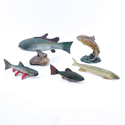 Lot of Four (4) Carved and Handpainted Wood Fish Decoys and a Beswick Porcelain Trout Figure