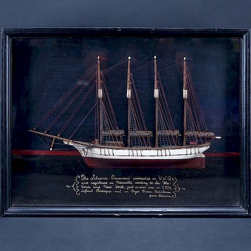 Hand Painted Wood Carving of the Schooner Douaumont in Shadowbox Frame