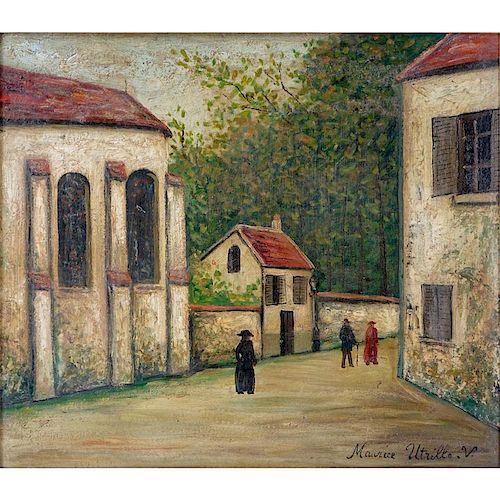 After: Maurice Utrillo, French (1883-1955) Oil on artist board "Village Street"