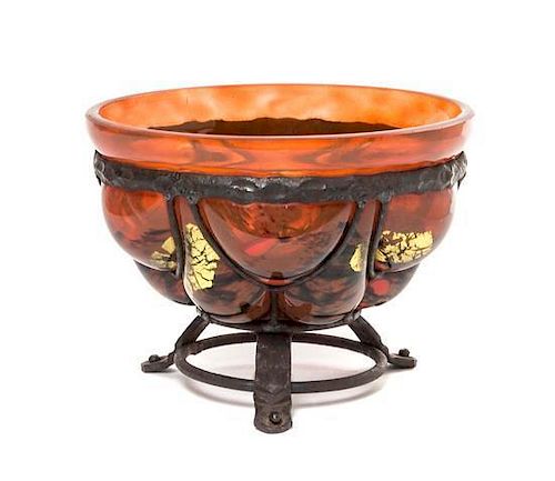 A Daum Blown-Out Glass and Louis Majorelle Iron Mounted Compote, Diameter 6 1/4 inches.