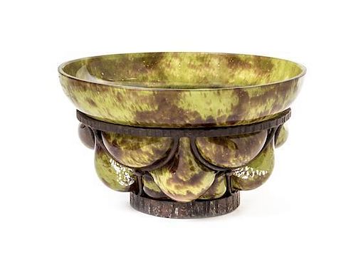 An Andre Delatte Blown-Out Glass and Iron Mounted Bowl, French (1887-1953), Diameter 8 3/4 inches.