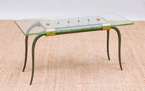 ART DECO GLASS AND MIRROR-TOP VERDIGRIS BRONZE LOW TABLE