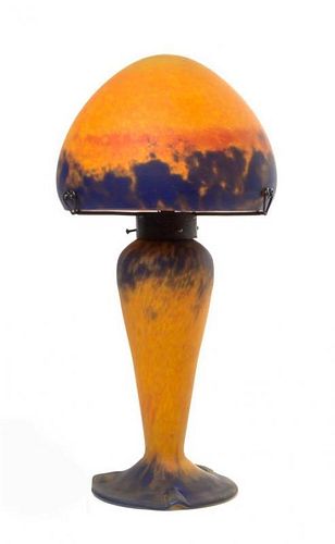 A Le Verre Francais Glass Table Lamp, Dameter 9 1/4 x height overall 19 inches.