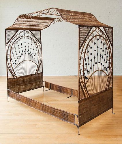 WICKER, METAL AND BEADED CANOPY BED