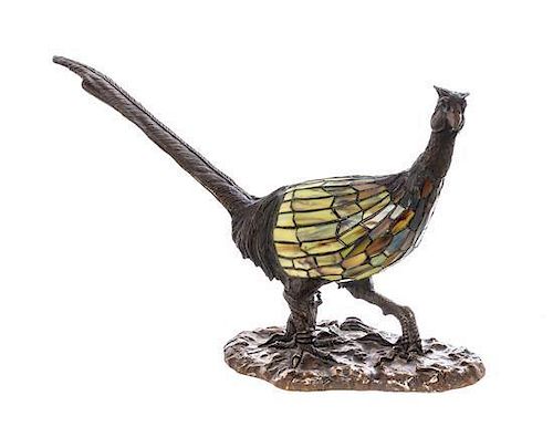 A Charles Schneider Leaded Glass and Bronze Figural Lamp, Length overall 24 x height 15 1/2 inches.