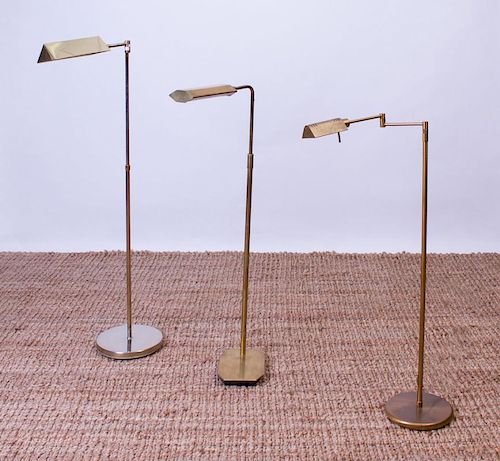 BRASS 'PHARMACY' LAMP WITH A ROUND BASE, A SWING-ARM FLOOR LAMP WITH OCTAGONAL BASE, AND A SWING-ARM FLOOR LAMP WITH RECTANGU