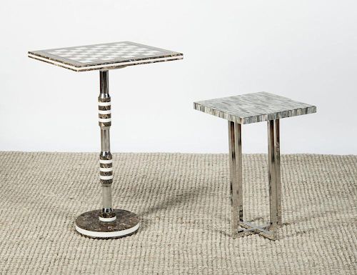 TWO HARDSTONE VENEERED AND CHROME END TABLES