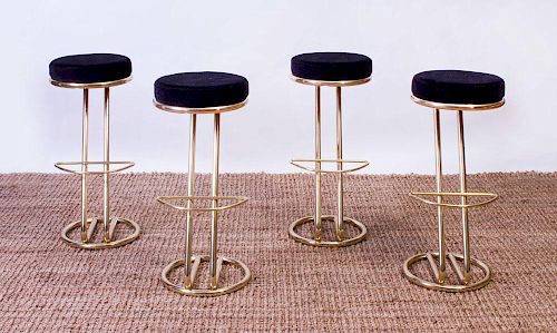 SET OF FOUR BRASS FINISH METAL AND VELOUR BAR STOOLS