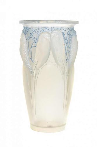 A Rene Lalique Molded and Opalescent Glass Vase, Height 9 3/8 inches.