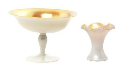 A Steuben Gold Aurene and Calcite Compote, Diameter of first 8 inches.