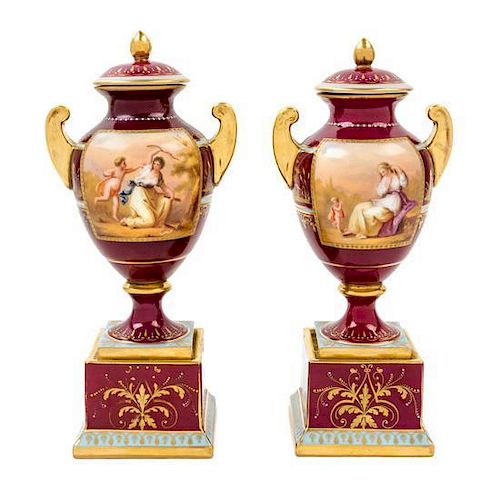 * A Pair of Vienna Porcelain Vases Height 9 1/4 inches.