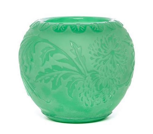 A Steuben Green Jade Acid Cut Glass Vase, Height 7 1/4 inches.
