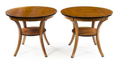 A Pair of Biedermeier Style Parcel Ebonized Center Tables Height 30 x diameter of top 36 inches.