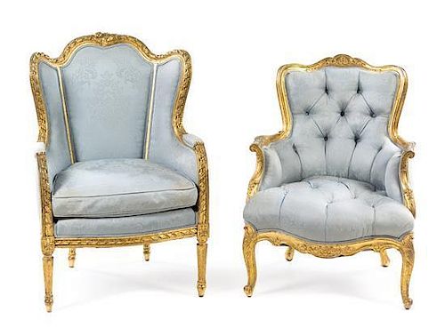 * Two Louis XVI Style Giltwood Bergeres Height 40 inches.