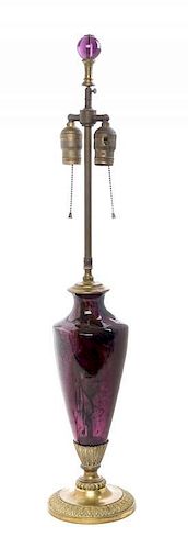 A Steuben Moss Agate Glass Table Lamp, Height of glass 10 1/2 inches.