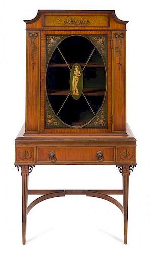 * An Edwardian Style Painted Vitrine Cabinet Height 69 7/8 x width 36 1/4 x depth 15 inches.