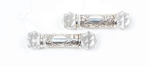A Pair of Edwardian Silver and Cut Glass Knife Rests, J. B. Chatterley & Sons Ltd., Birmingham, 1907, the poles decorated wit