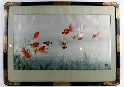 * A Chinese Embroidered Silk Panel Height 39 x width 26 x depth 2 inches.