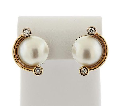 V. Caparros 18K Gold Diamond Pearl Earrings